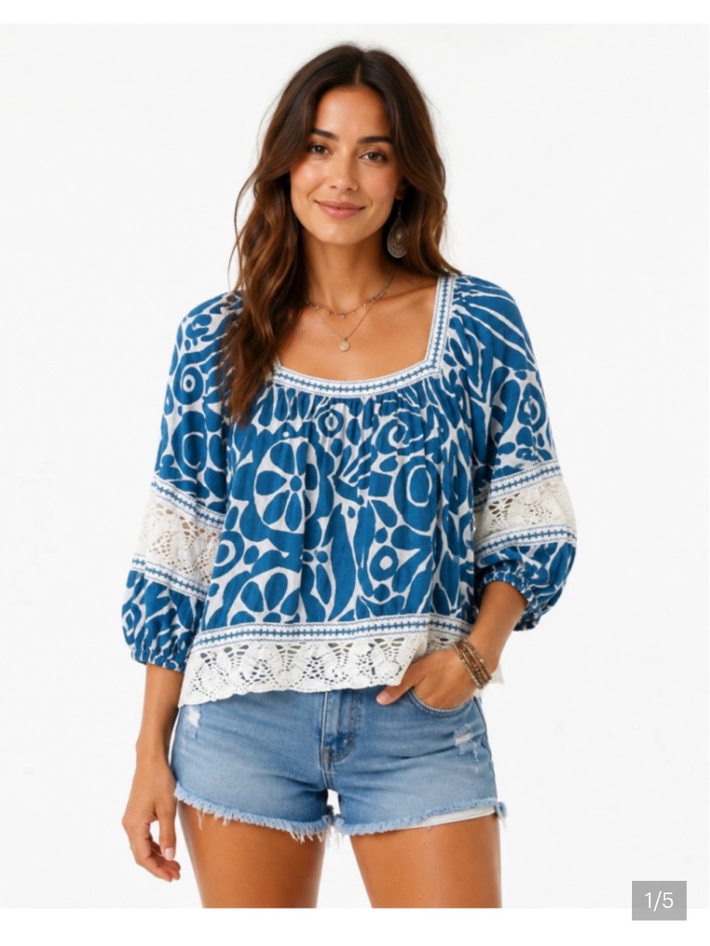 Rachel Zoe Women’s blue teal and White Boho Peasant Top size large